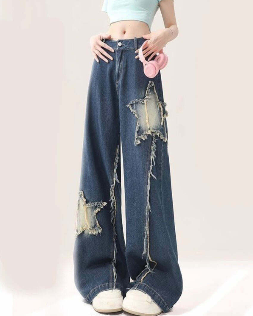 Star Patch Wide Leg Jeans - Y2K Aesthetic Grunge Style Denim Pants