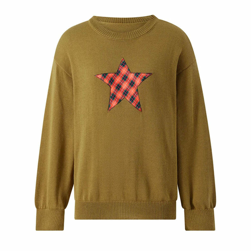 Star Patch Y2K Aesthetic Knit Pullover for Cozy, Cute Outfits