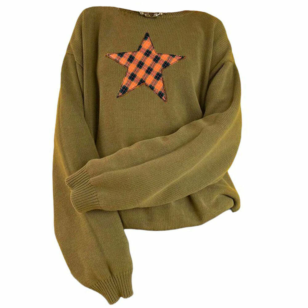 Star Patch Y2K Aesthetic Knit Pullover for Cozy, Cute Outfits