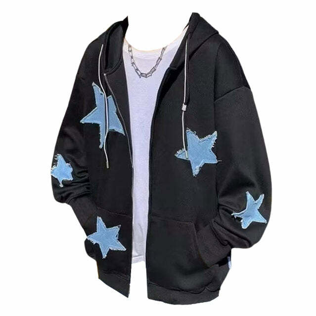 Star Patch Y2K Aesthetic Zip Up Hoodie for Cute and Comfy Style