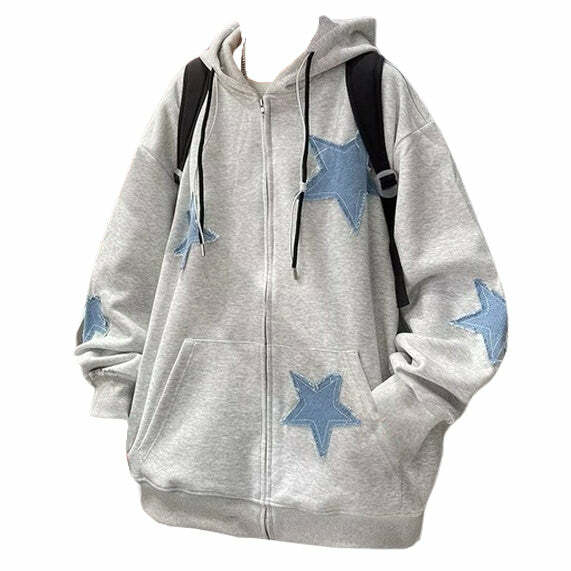 Star Patch Y2K Aesthetic Zip Up Hoodie for Cute and Comfy Style