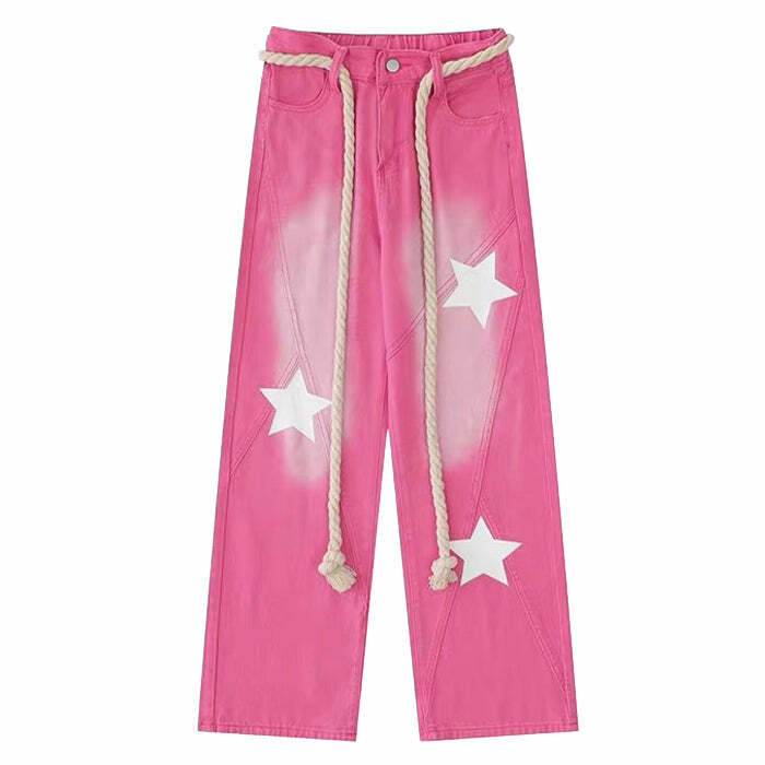 Star Print Y2K Aesthetic Pink Jeans for Trendy Outfits and Vibes