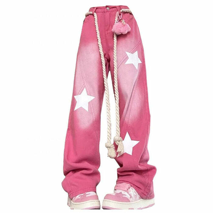 Star Print Y2K Aesthetic Pink Jeans for Trendy Outfits and Vibes