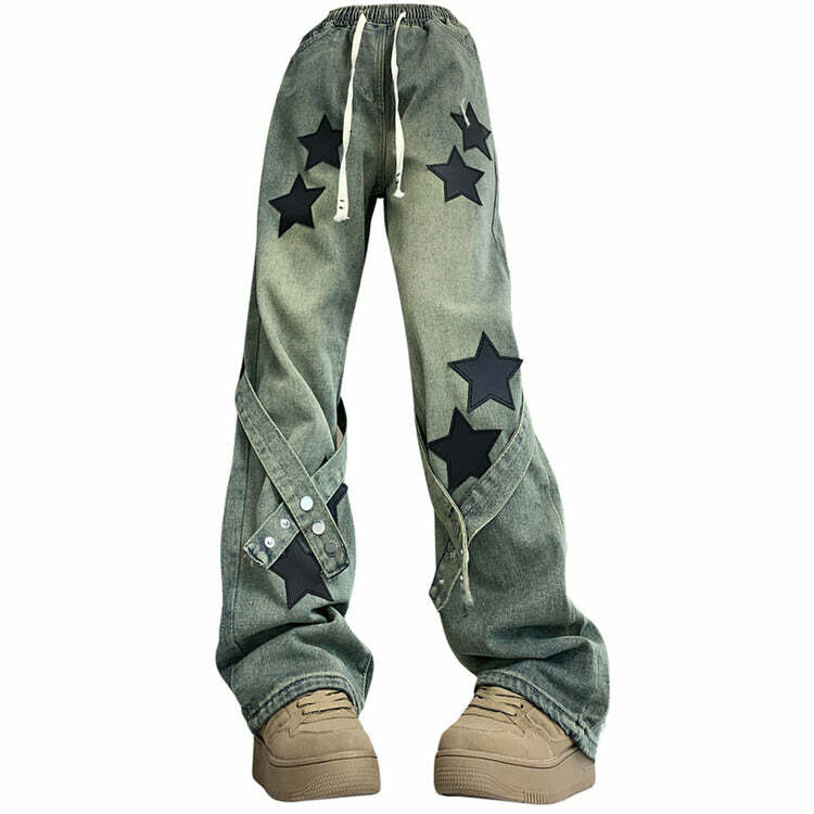 Stargirl Aesthetic Star Patch Jeans for Y2K and Grunge Style Lovers