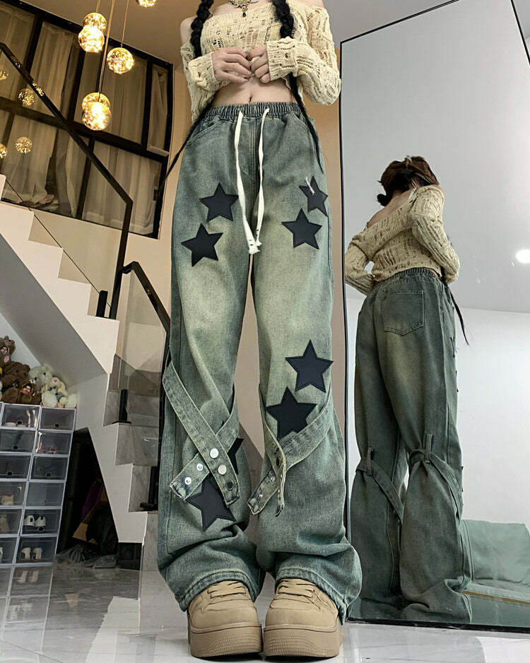 Stargirl Aesthetic Star Patch Jeans for Y2K and Grunge Style Lovers