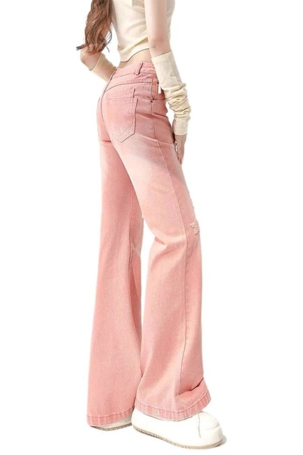 Starry Pink Distressed Jeans - Y2K Aesthetic Grunge Style Denim