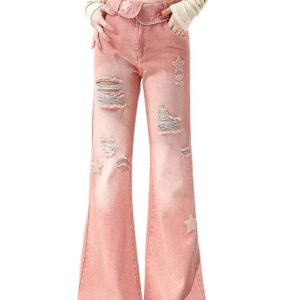 Starry Pink Distressed Jeans - Y2K Aesthetic Grunge Style Denim