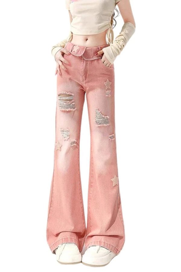 Starry Pink Distressed Jeans - Y2K Aesthetic Grunge Style Denim