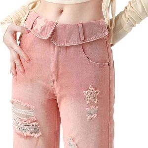 Starry Pink Distressed Jeans - Y2K Aesthetic Grunge Style Denim