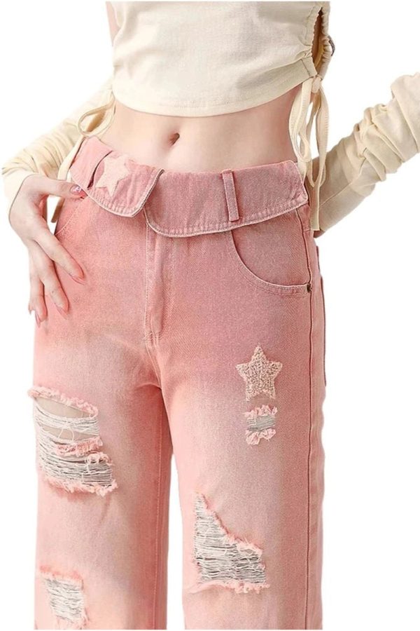 Starry Pink Distressed Jeans - Y2K Aesthetic Grunge Style Denim