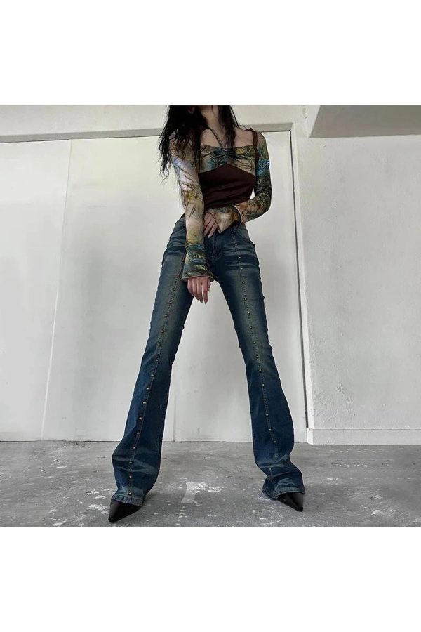 Stellar Studded Flare Jeans for Y2K Aesthetic and Grunge Style Lovers