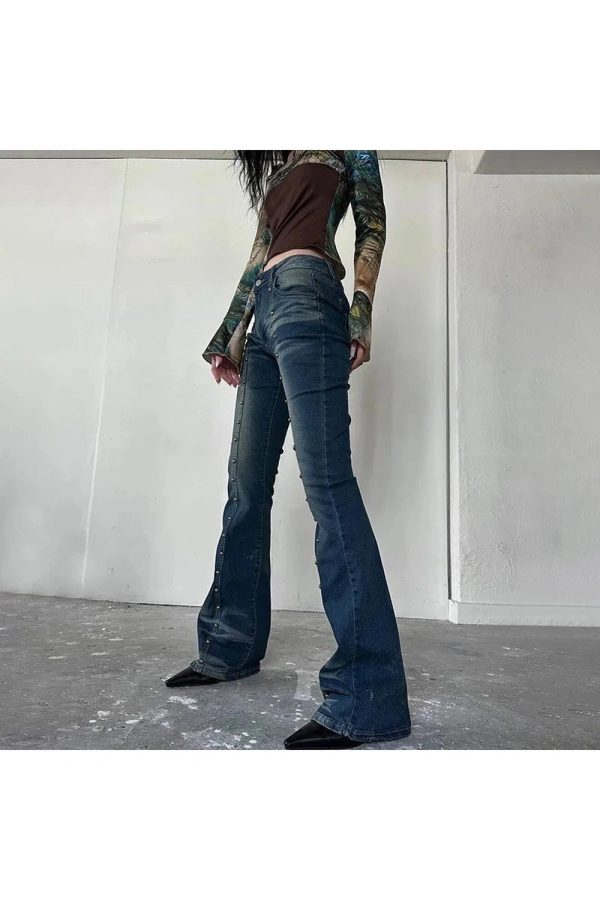 Stellar Studded Flare Jeans for Y2K Aesthetic and Grunge Style Lovers