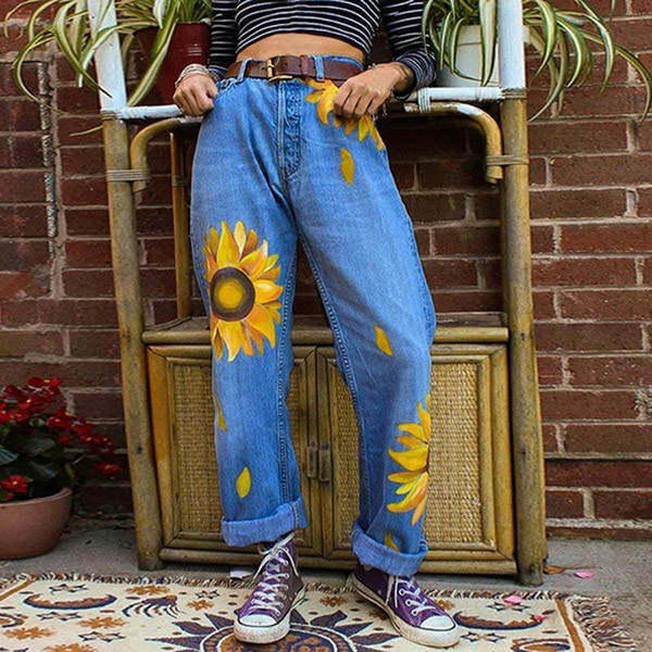 Sunflower Print Mom Jeans - Y2K Aesthetic Vintage Style Denim