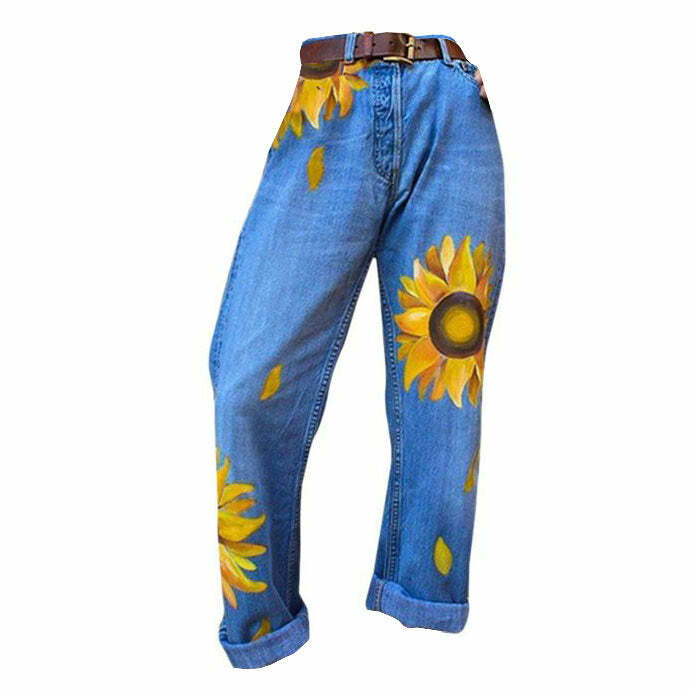 Sunflower Print Mom Jeans - Y2K Aesthetic Vintage Style Denim