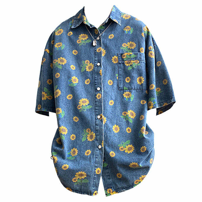 Sunflowers Denim Shirt - Y2K Aesthetic Cute Top for Effortless Style