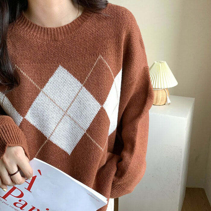 Too Well Brown Argyle Sweater - Y2K Aesthetic Cozy Fall Essential