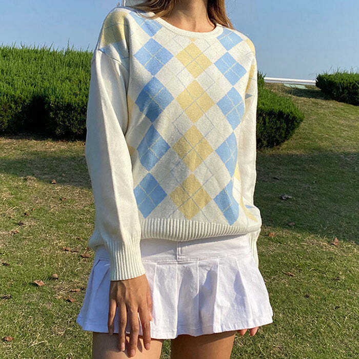 Trendy Argyle Check Pullover for Y2K Aesthetic and Cozy Fall Vibes