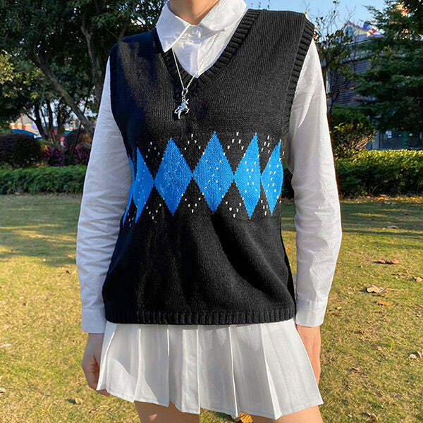 Trendy Argyle Sweater Vest for Y2K Aesthetic and Preppy Style Lovers