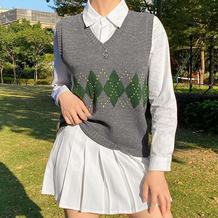 Trendy Argyle Sweater Vest for Y2K Aesthetic and Preppy Style Lovers