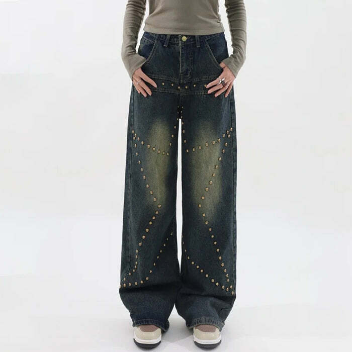 Trendy Brown Star Rivet Jeans for Y2K Aesthetic and Grunge Style