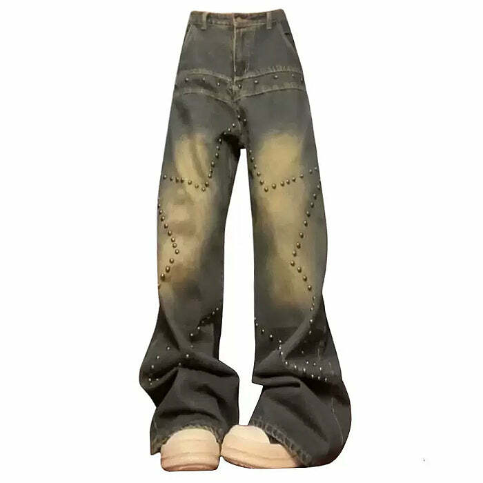 Trendy Brown Star Rivet Jeans for Y2K Aesthetic and Grunge Style