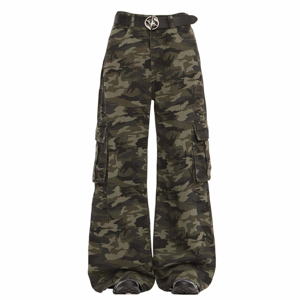 Trendy Camo Wide-Leg Cargo Pants for Y2K and Grunge Aesthetic Lovers