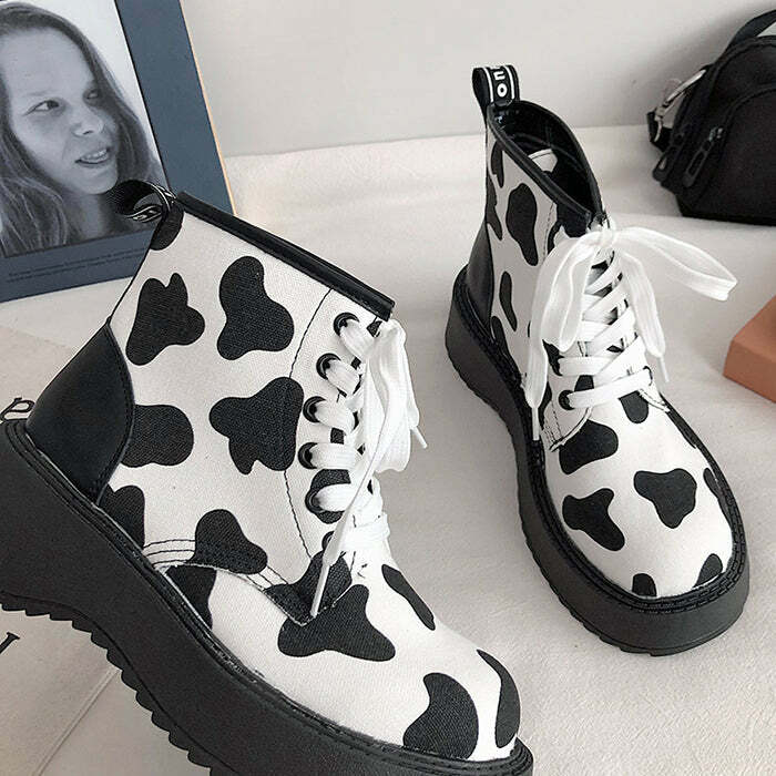 Trendy Cow Print Boots for Y2K Aesthetic and Grunge Style Lovers