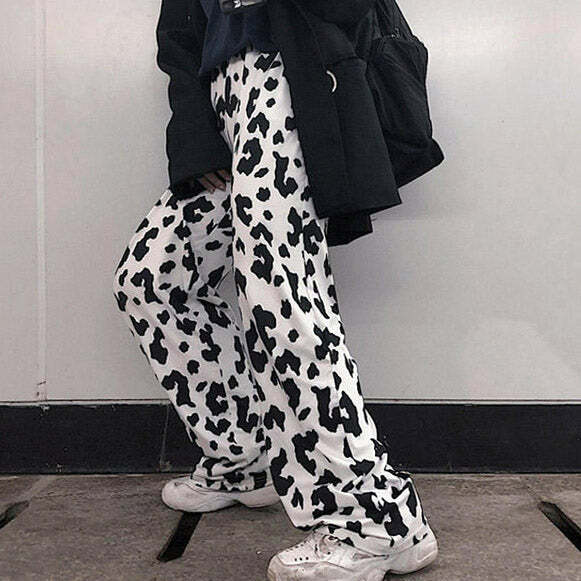 Trendy Cow Print Pants for Y2K Aesthetic and Grunge Style Outfits