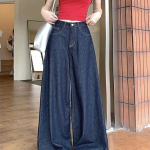 Trendy Dark Wash Wide-Leg Denim Jeans for Y2K and Grunge Aesthetic