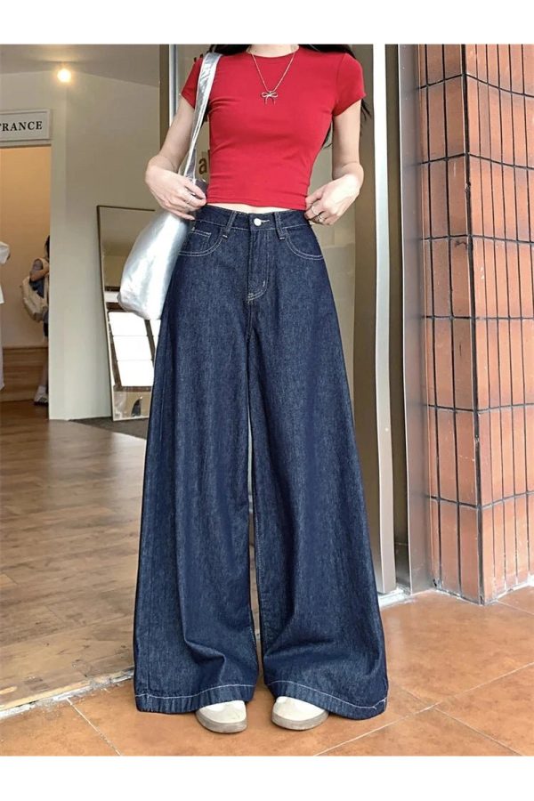 Trendy Dark Wash Wide-Leg Denim Jeans for Y2K and Grunge Aesthetic