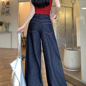 Trendy Dark Wash Wide-Leg Denim Jeans for Y2K and Grunge Aesthetic