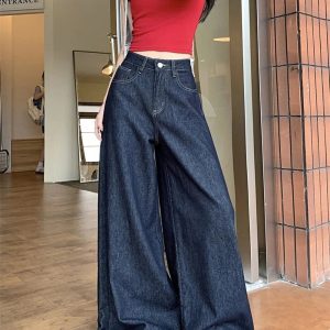 Trendy Dark Wash Wide-Leg Denim Jeans for Y2K and Grunge Aesthetic