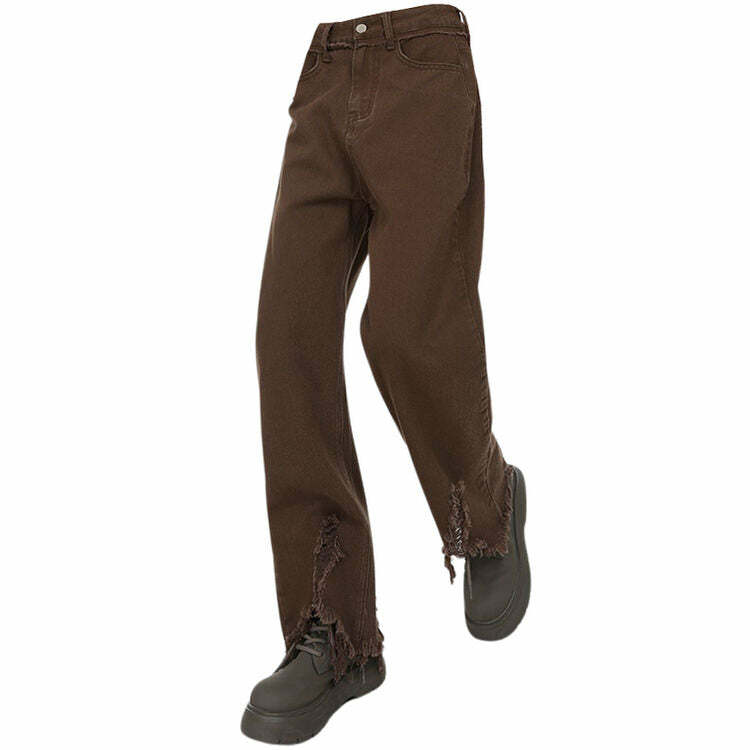 Trendy Distressed Brown Straight Leg Jeans for Y2K and Grunge Aesthetic