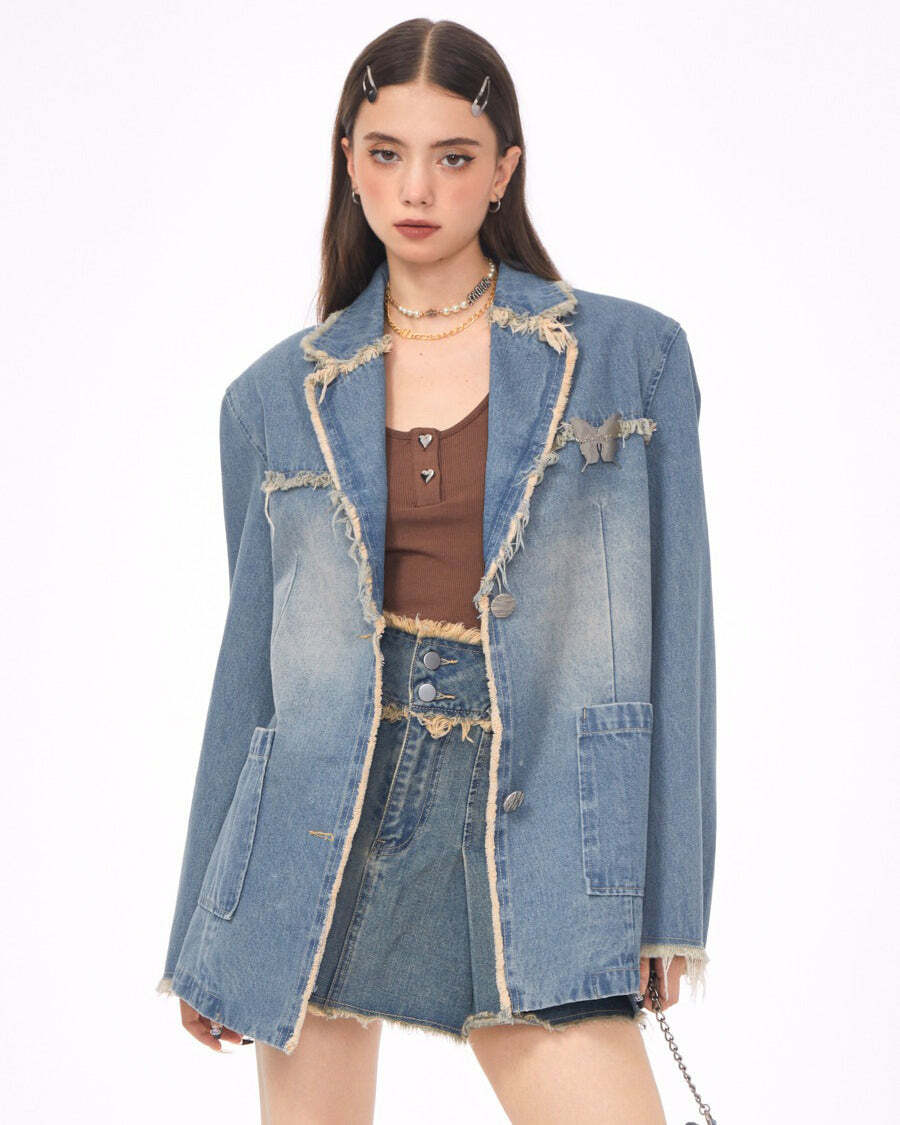 Trendy Distressed Denim Blazer in Blue for Y2K and Grunge Aesthetic