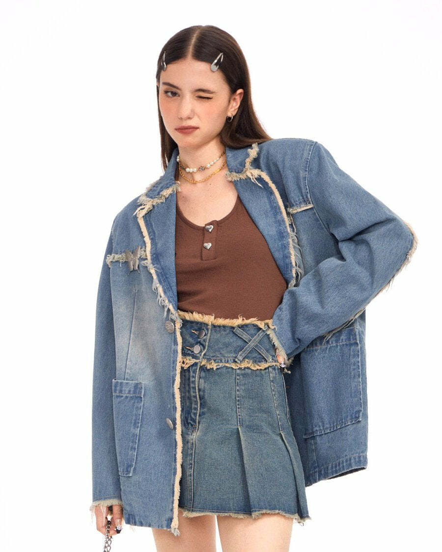 Trendy Distressed Denim Blazer in Blue for Y2K and Grunge Aesthetic