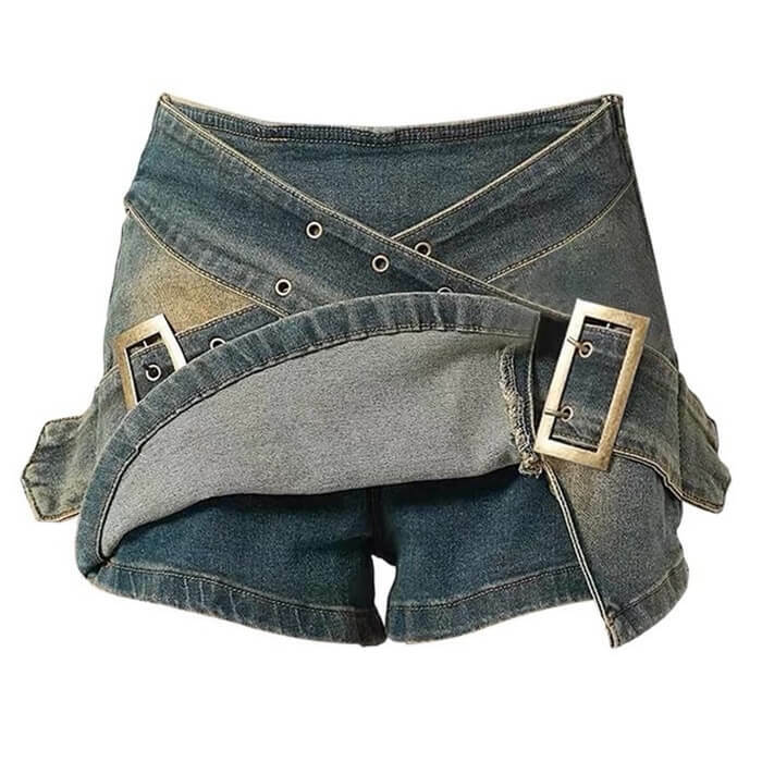 Trendy Double Buckle Denim Mini Skirt for Y2K and Grunge Aesthetic