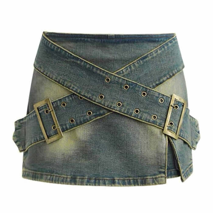 Trendy Double Buckle Denim Mini Skirt for Y2K and Grunge Aesthetic