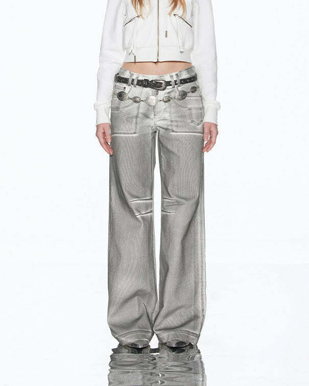 Trendy High Fashion Silver Jeans for Y2K Aesthetic and Grunge Style