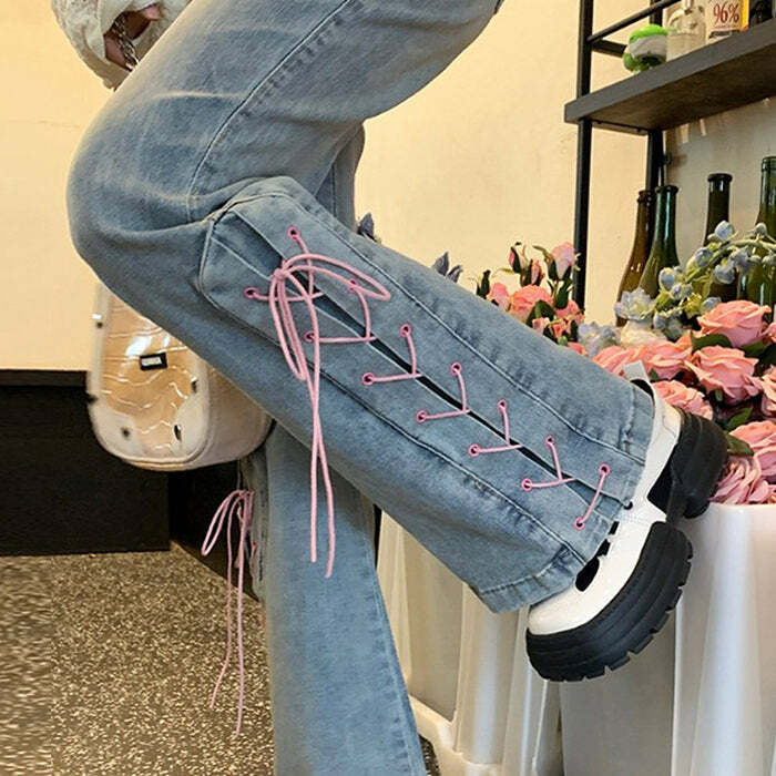 Trendy Lace Up Flared Jeans for Y2K Aesthetic and Grunge Style