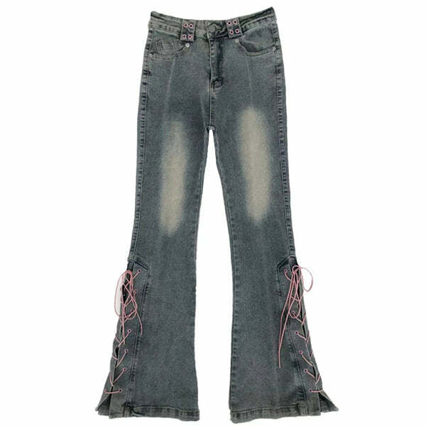 Trendy Lace Up Flared Jeans for Y2K Aesthetic and Grunge Style