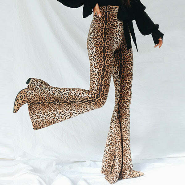 Trendy Leopard Flared Trousers for Y2K Aesthetic and Grunge Style