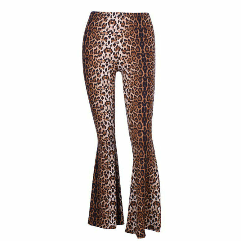 Trendy Leopard Flared Trousers for Y2K Aesthetic and Grunge Style