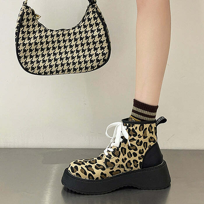 Trendy Leopard Lace Up Boots for Y2K and Grunge Aesthetic Outfits