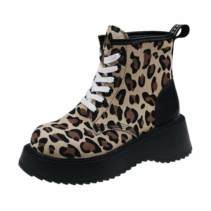 Trendy Leopard Lace Up Boots for Y2K and Grunge Aesthetic Outfits