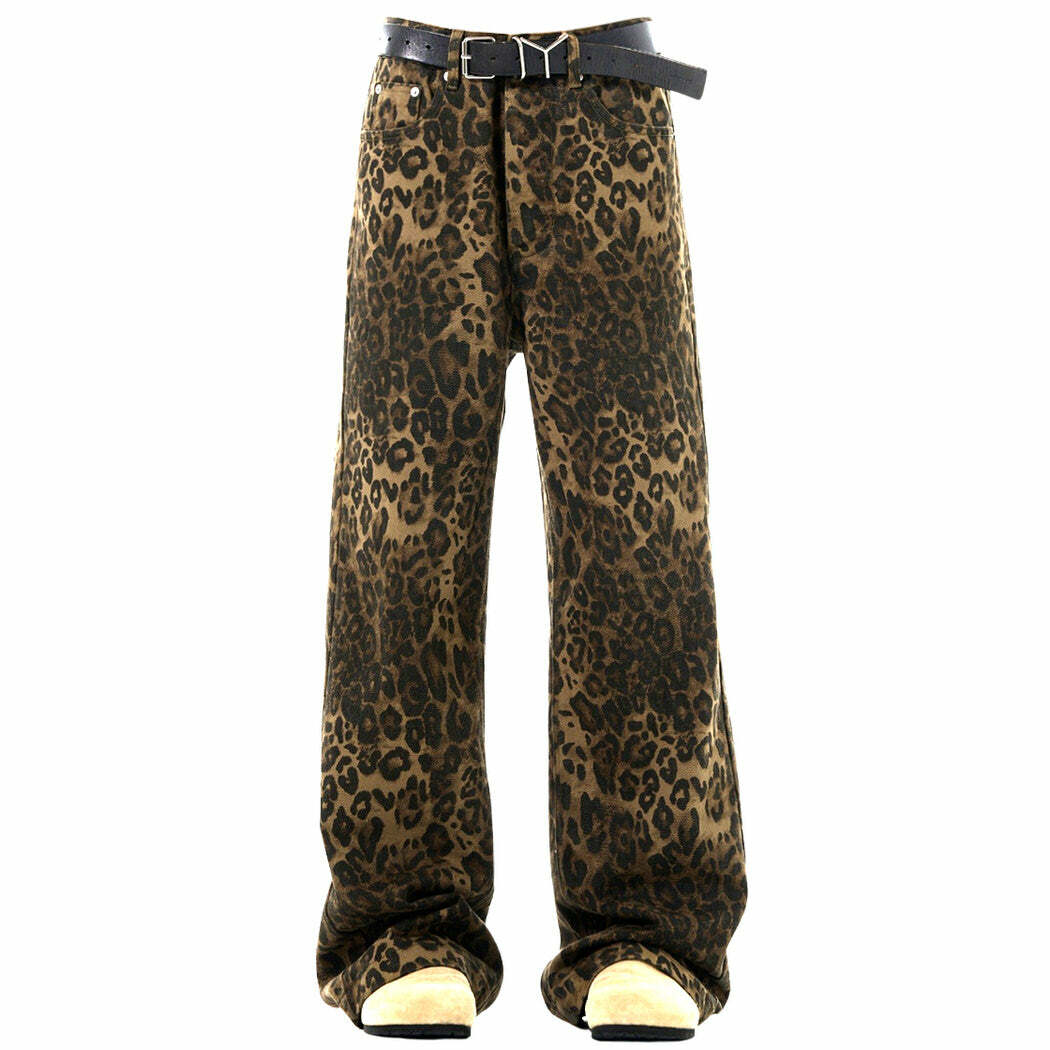 Trendy Leopard Wide-Leg Jeans for Y2K Aesthetic and Grunge Style