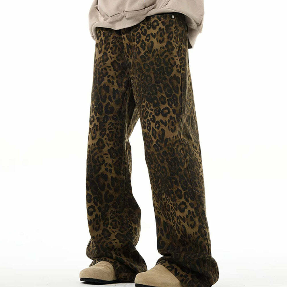 Trendy Leopard Wide-Leg Jeans for Y2K Aesthetic and Grunge Style