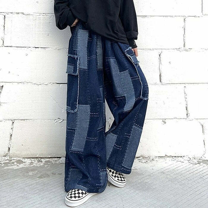 Trendy Patchwork Baggy Jeans for Y2K Aesthetic and Grunge Style Lovers