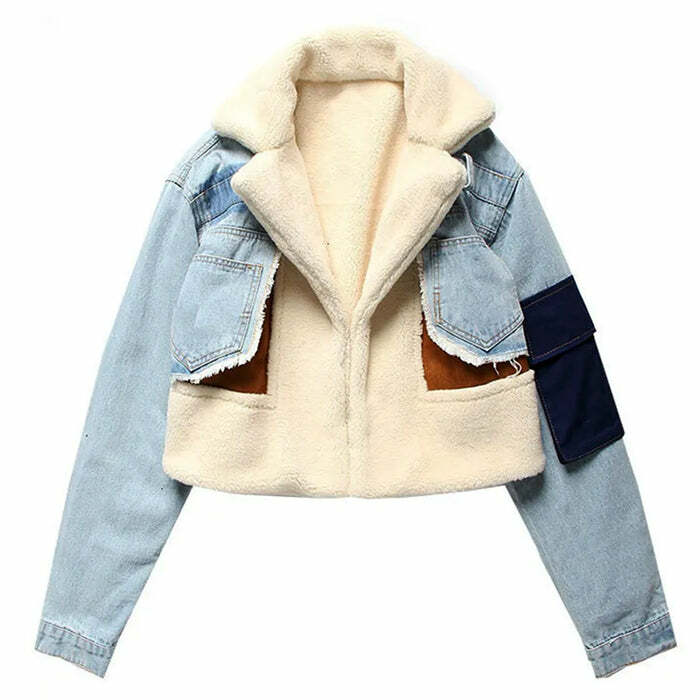 Trendy Patchwork Denim Cropped Jacket for Y2K Aesthetic Outfits