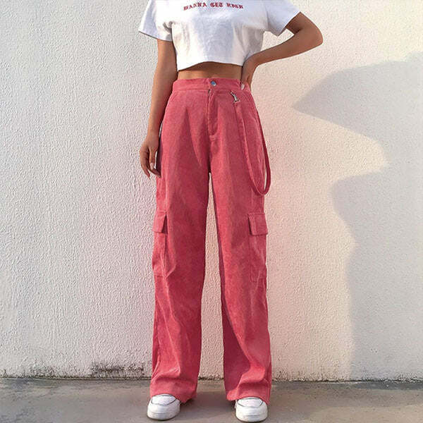 Trendy Pink Cord Cargo Pants for Y2K Aesthetic and Coquette Style