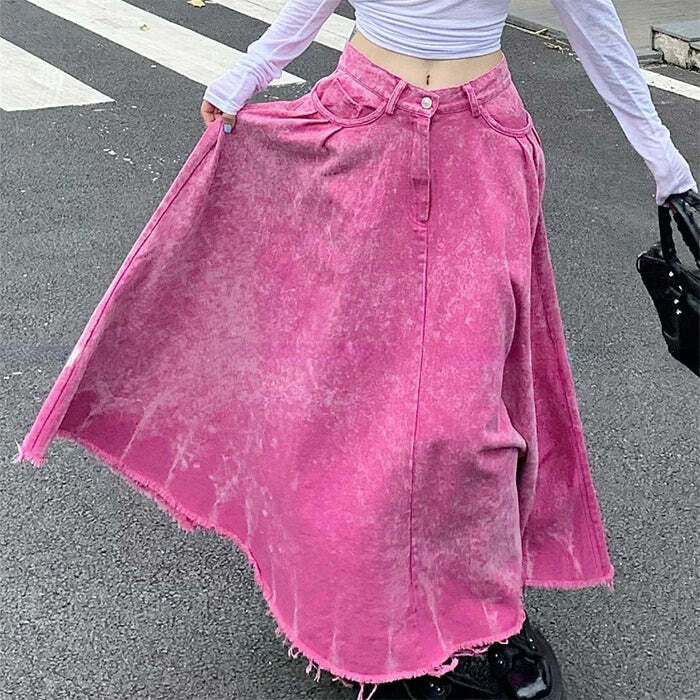 Trendy Pink Distressed Denim Maxi Skirt for Y2K Aesthetic Lovers